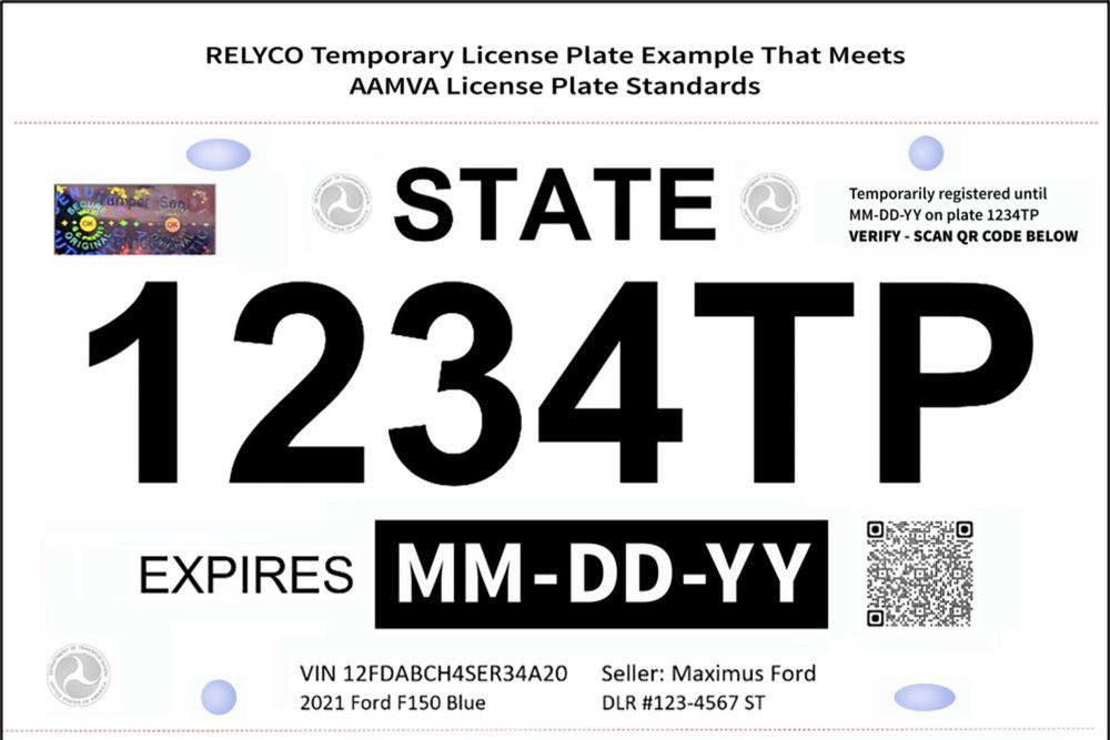 Example of a temporary license plate